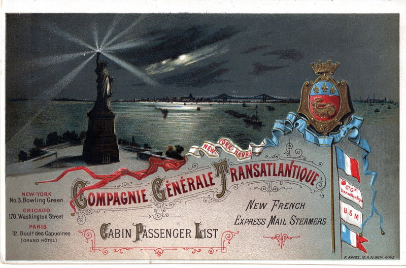 LA NORMANDIE: 1883 - First Class pax list from 1888 w/ lovely graphics