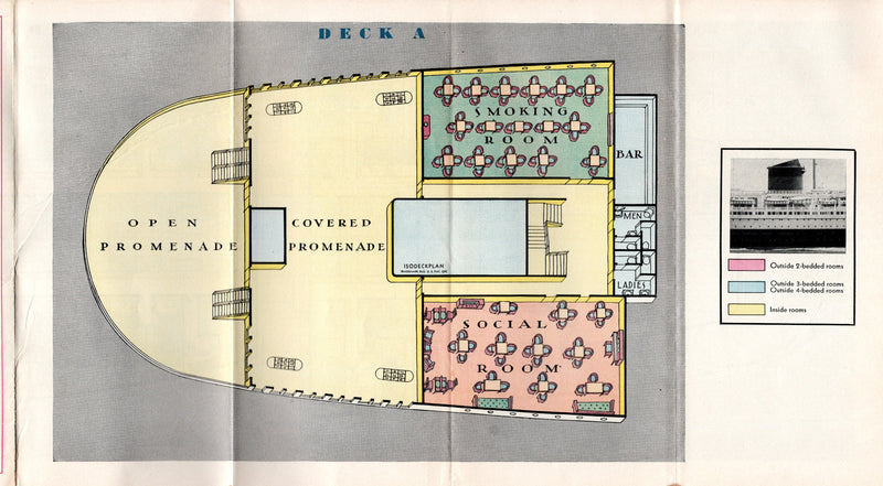 CHAMPLAIN: 1932 - Tourist Class ISOMETRIC color deck plans