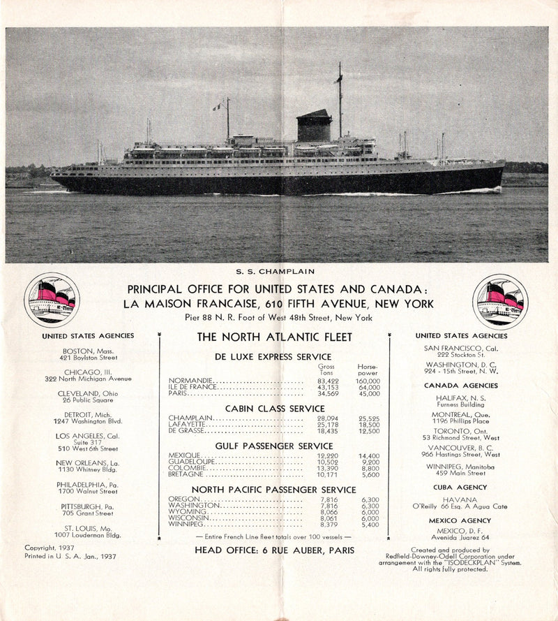 CHAMPLAIN: 1932 - Tourist Class ISOMETRIC color deck plans