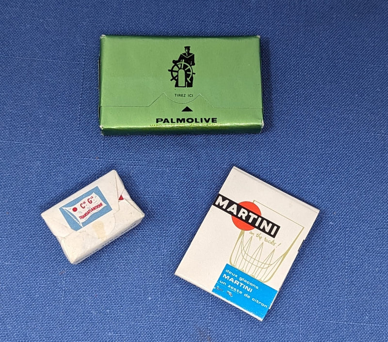 FRANCE: 1962 - 3 French Line souvenirs - wrapped soap, sugar cube & matchbook