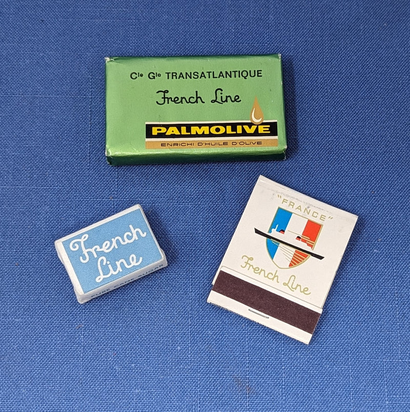 FRANCE: 1962 - 3 French Line souvenirs - wrapped soap, sugar cube & matchbook