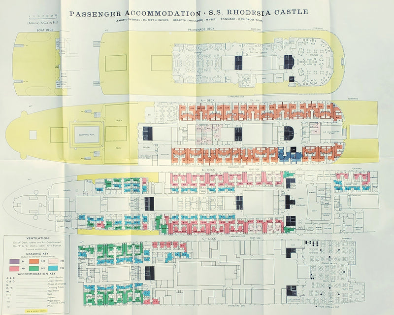 RHODESIA CASTLE: 1951 - Color-coded deck plan w/ interiors