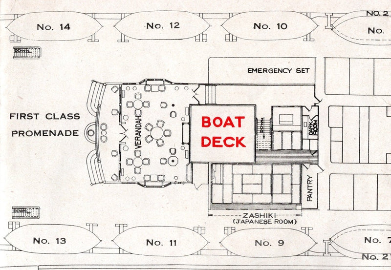 CHICHIBU MARU: 1930 - Pre-maiden 3-class deck plan w/ illustrations