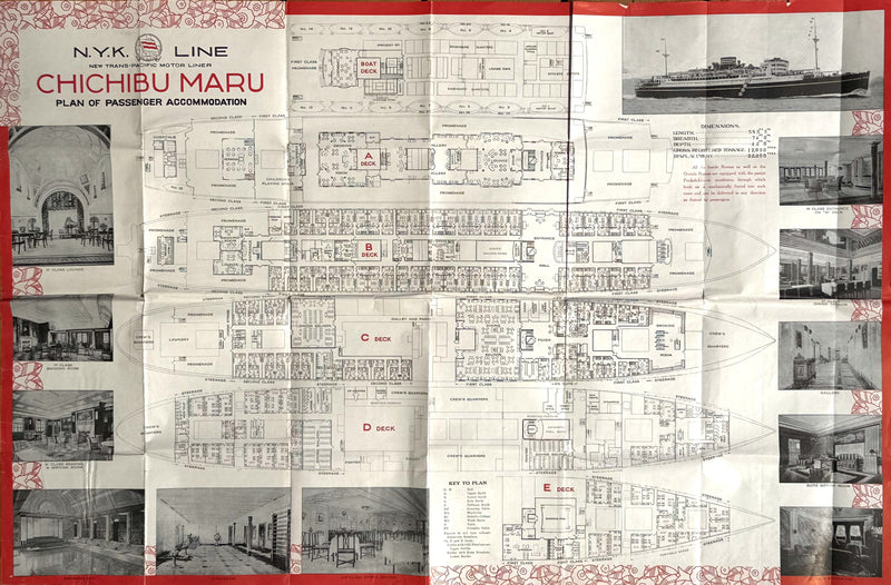 CHICHIBU MARU: 1930 - Pre-maiden 3-class deck plan w/ illustrations