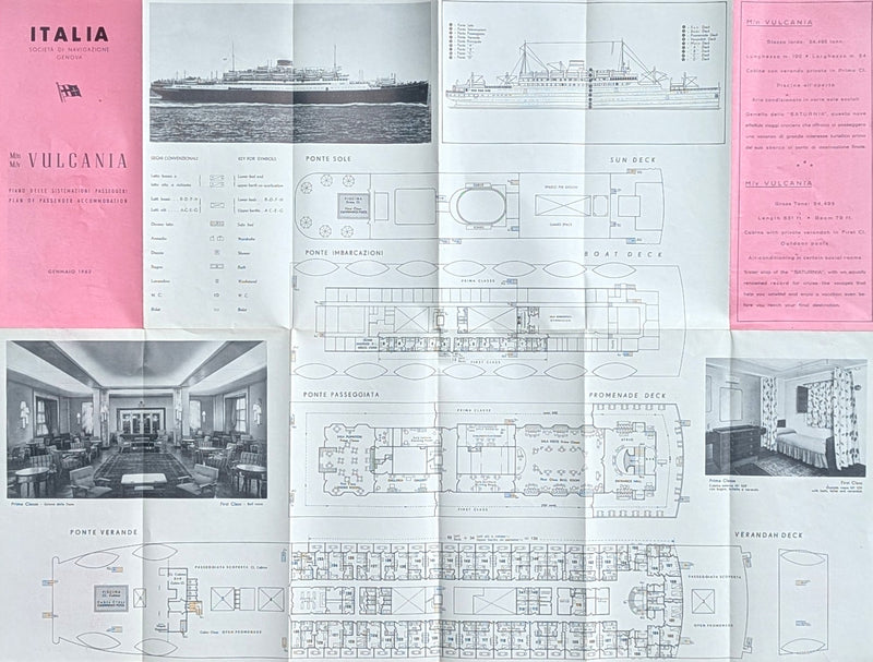 VULCANIA: 1928 - Full ship deck plan w/ interior photos from 1962