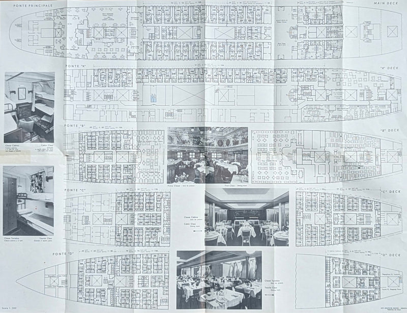 VULCANIA: 1928 - Full ship deck plan w/ interior photos from 1962