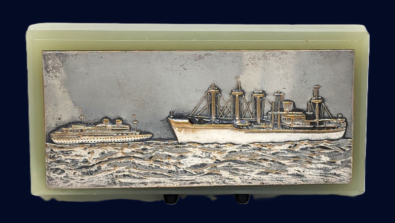 Various Ships - Royal Rotterdam Lloyd soapstone paperweight w/ silver portrait of ships