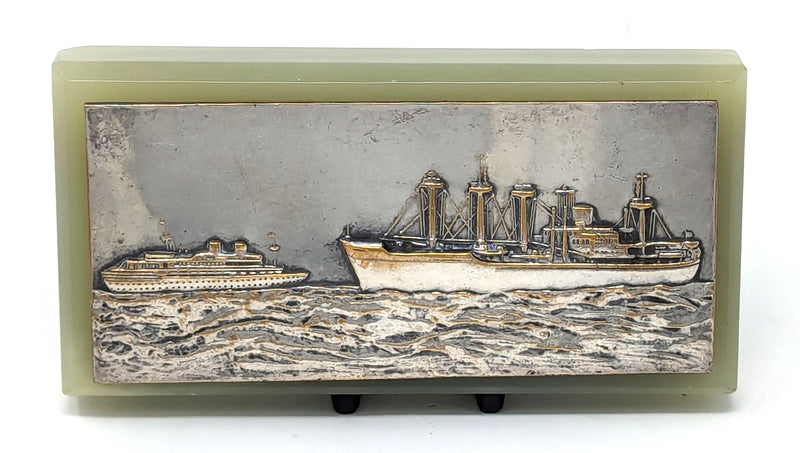 Various Ships - Royal Rotterdam Lloyd soapstone paperweight w/ silver portrait of ships