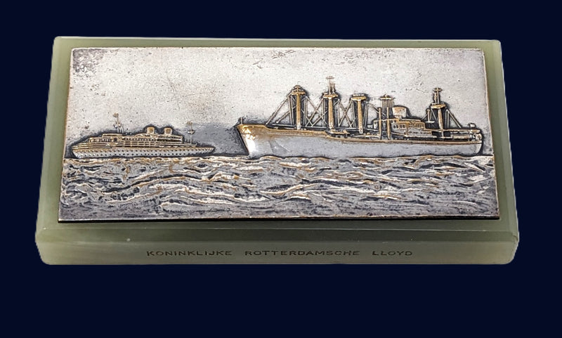 Various Ships - Royal Rotterdam Lloyd soapstone paperweight w/ silver portrait of ships