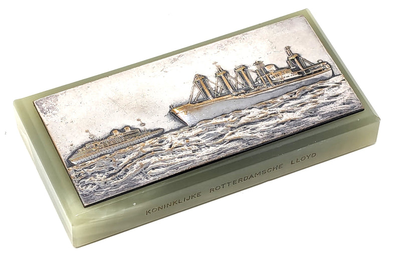 Various Ships - Royal Rotterdam Lloyd soapstone paperweight w/ silver portrait of ships