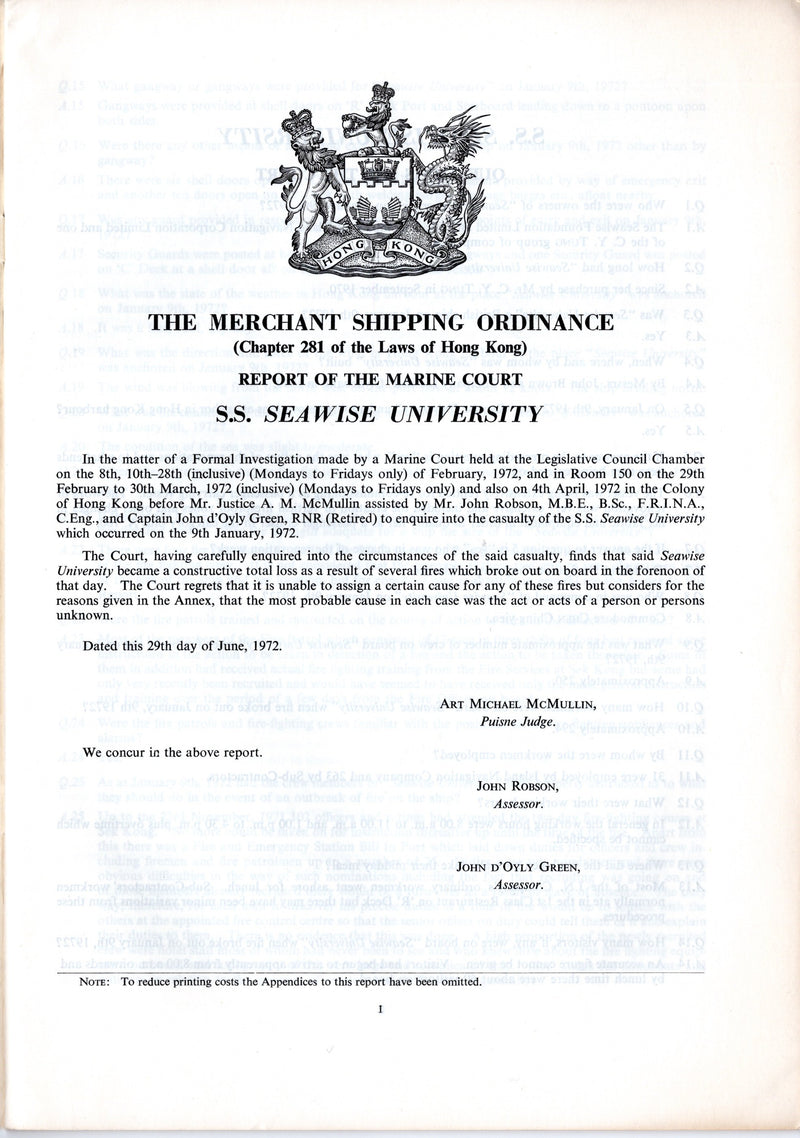 SEAWISE UNIVERSITY: 1940 - "Loss of the s.s. SEAWISE UNIVERSITY" official Marine Court report