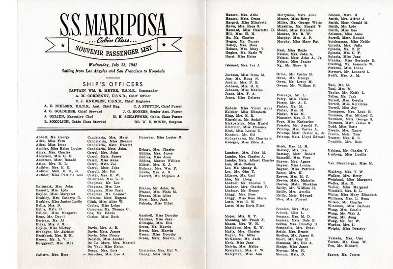 MARIPOSA: 1932 - 5 menus & pax list from July 1941 voyage