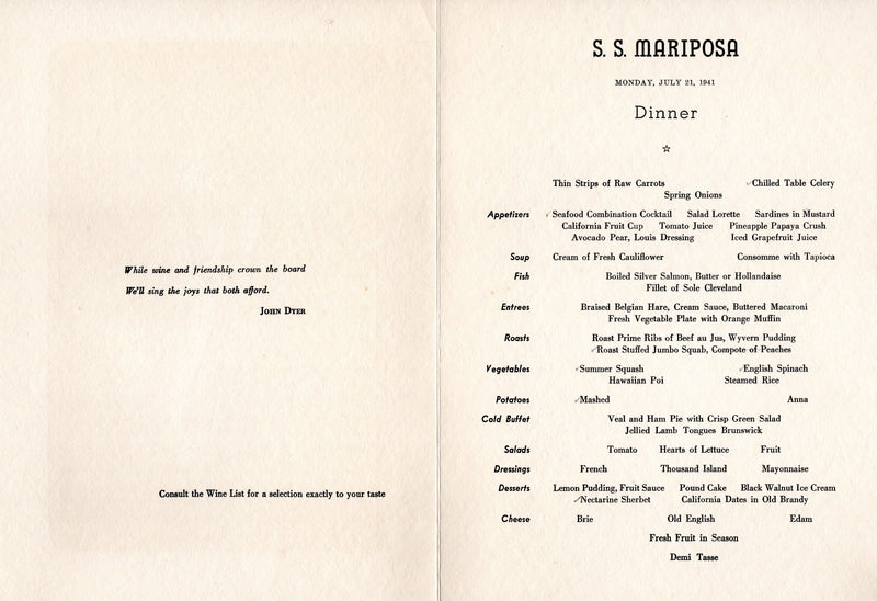 MARIPOSA: 1932 - 5 menus & pax list from July 1941 voyage