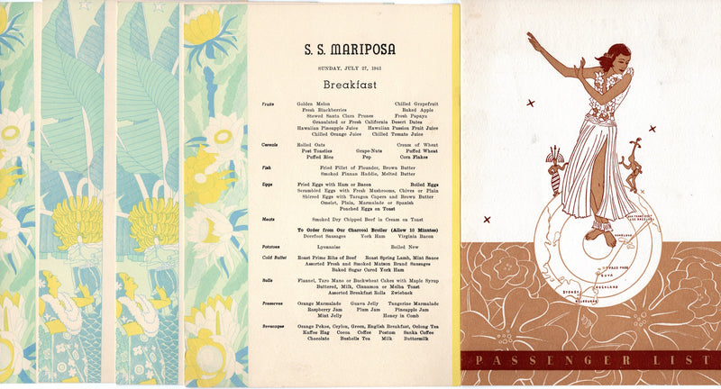 MARIPOSA: 1932 - 5 menus & pax list from July 1941 voyage