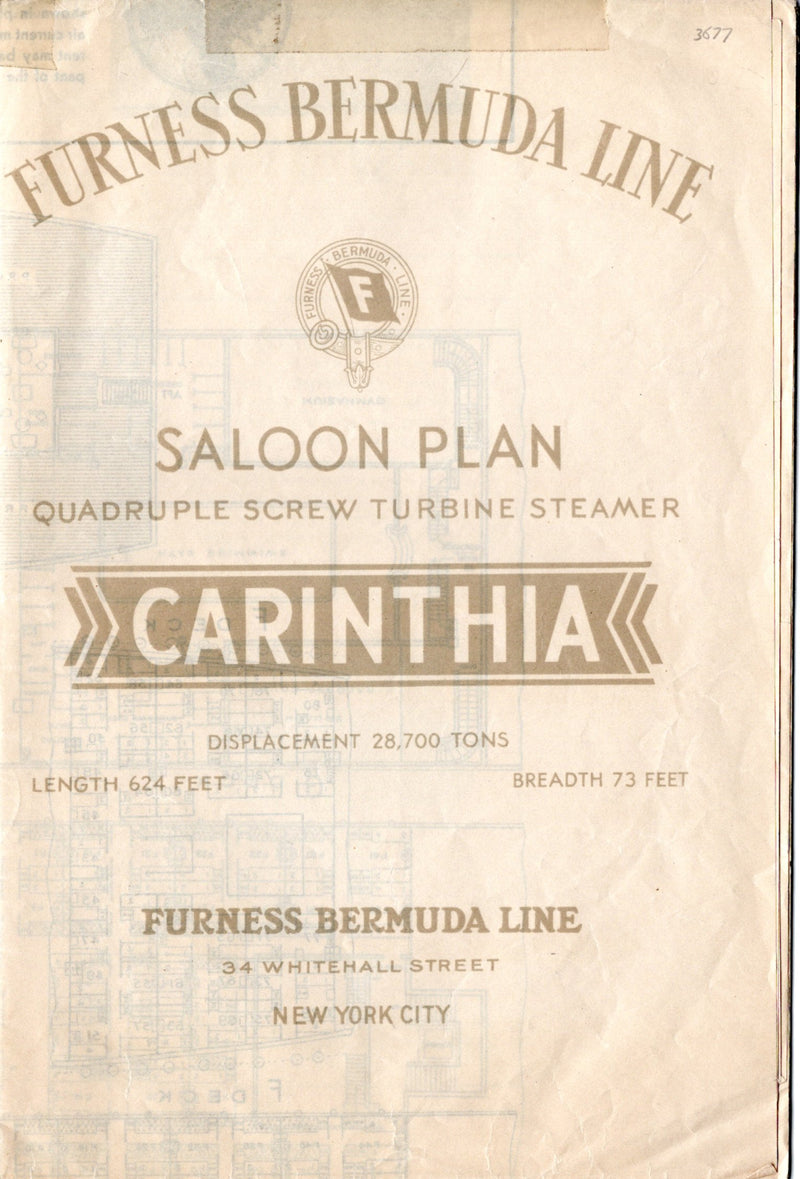 CARINTHIA: 1925 -  Rare deck plan while chartered to Furness Bermuda