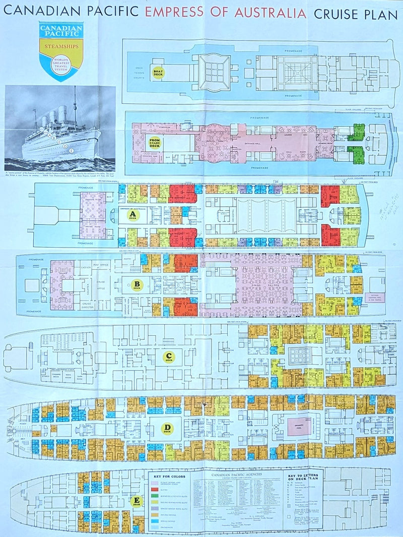 EMPRESS OF AUSTRALIA: 1920 - Large cruise deck plan from 1930s w/ interior photos