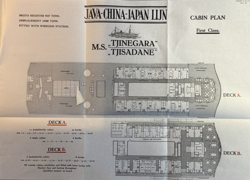 TJINEGARA, TJISADANE & TJIBADAK - Deluxe 1931 intro brochure w/ fold-out deck plan