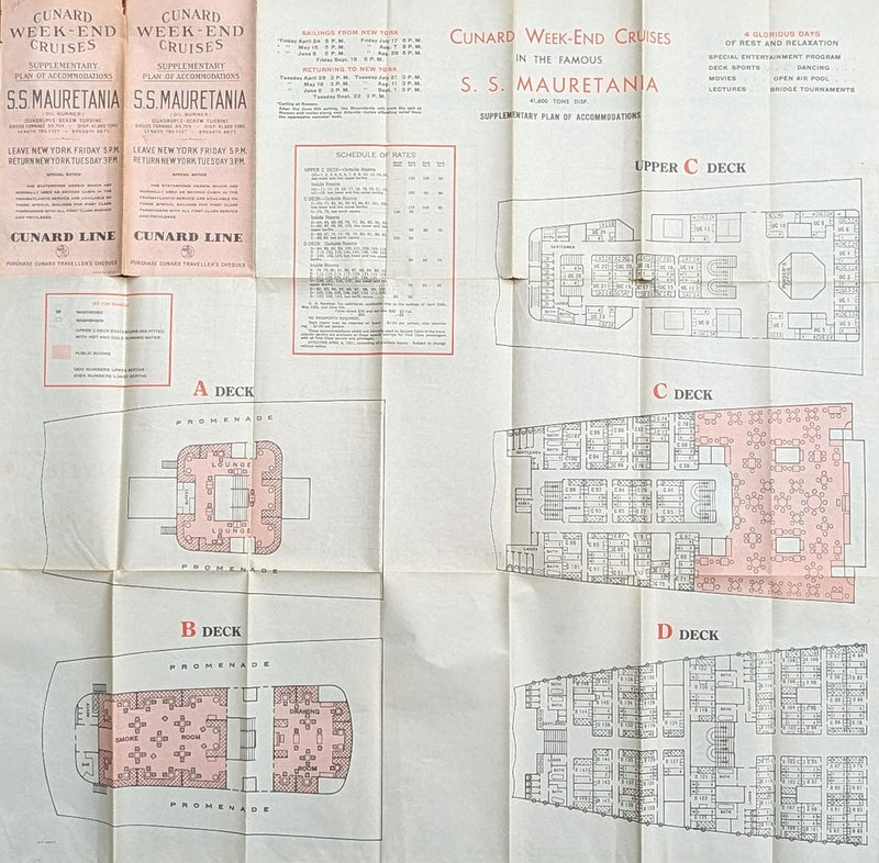 MAURETANIA: 1907 - Cruise plan from 1931 showing Second Class