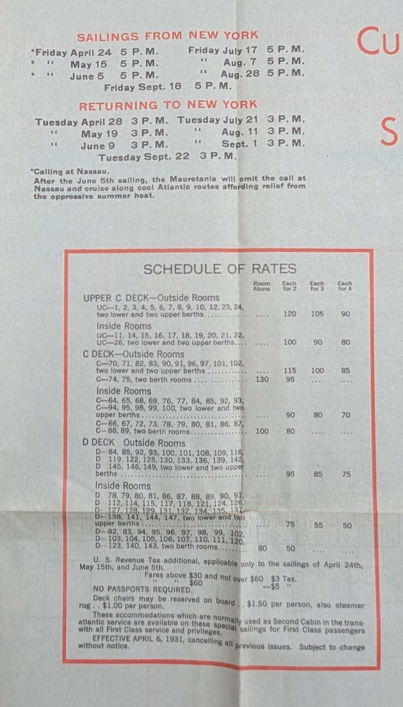 MAURETANIA: 1907 - Cruise plan from 1931 showing Second Class