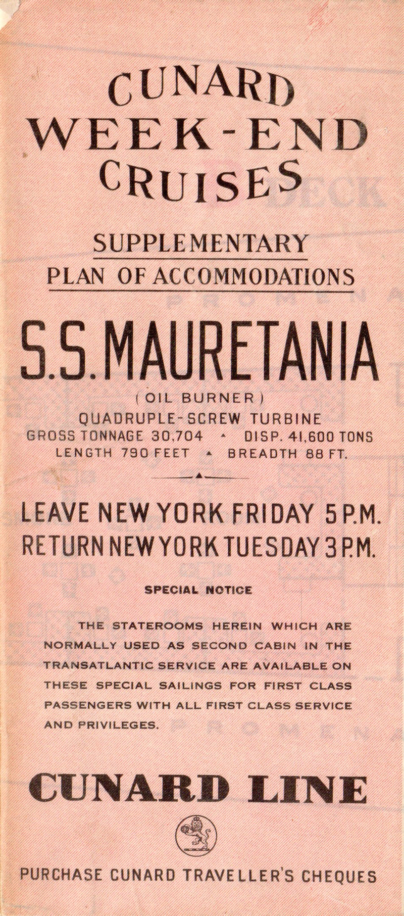 MAURETANIA: 1907 - Cruise plan from 1931 showing Second Class