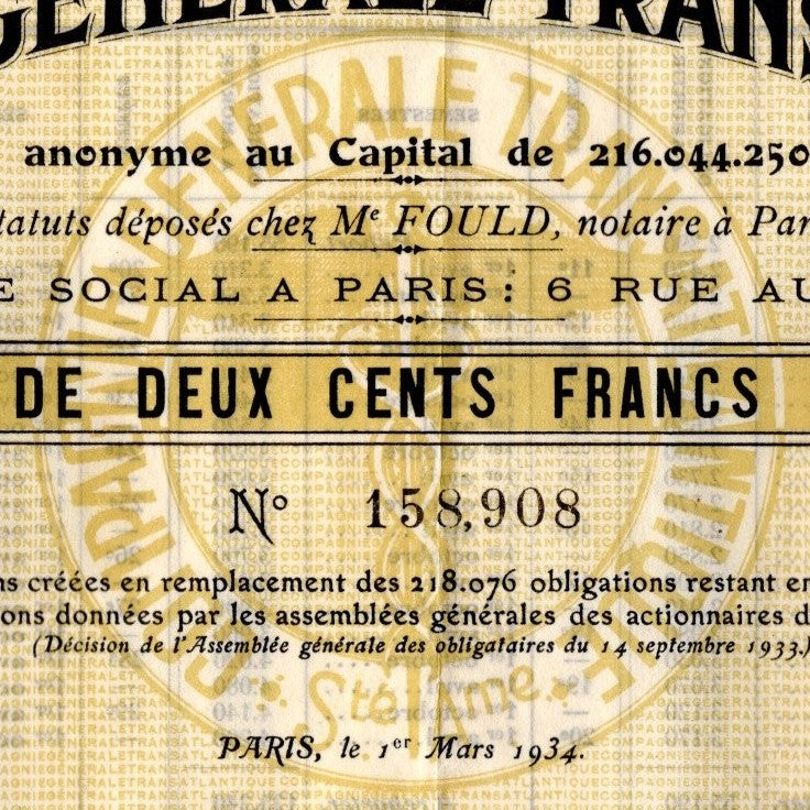 Various: pre-war - 1934 Compagnie Generale Transatlantique bond certificate