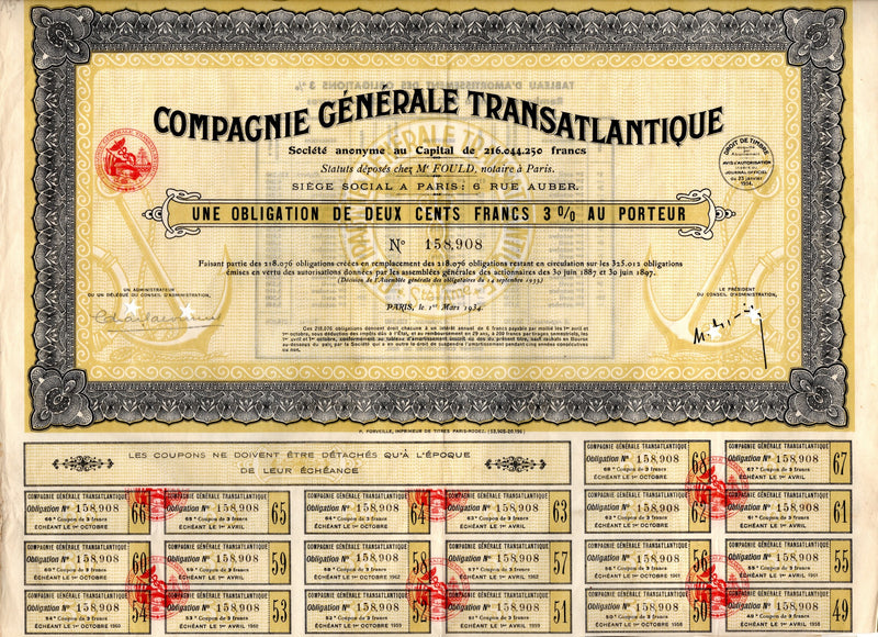Various: pre-war - 1934 Compagnie Generale Transatlantique bond certificate