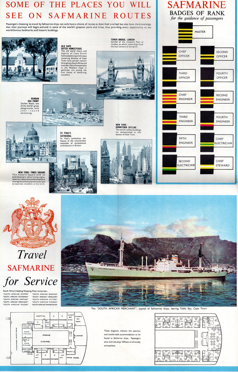 Various Ships - Circa 1961 Safmarine deluxe combo-ship brochure w/ plans & interiors