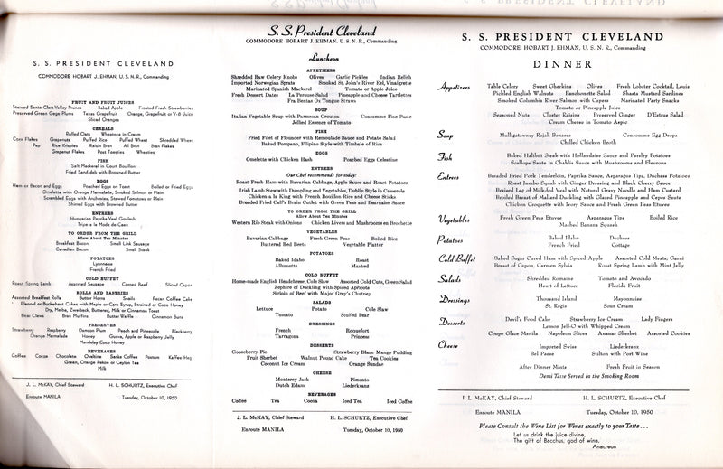 PRESIDENT CLEVELAND: 1947 - Voyage 20 bound daily menus for Steward - 43 total