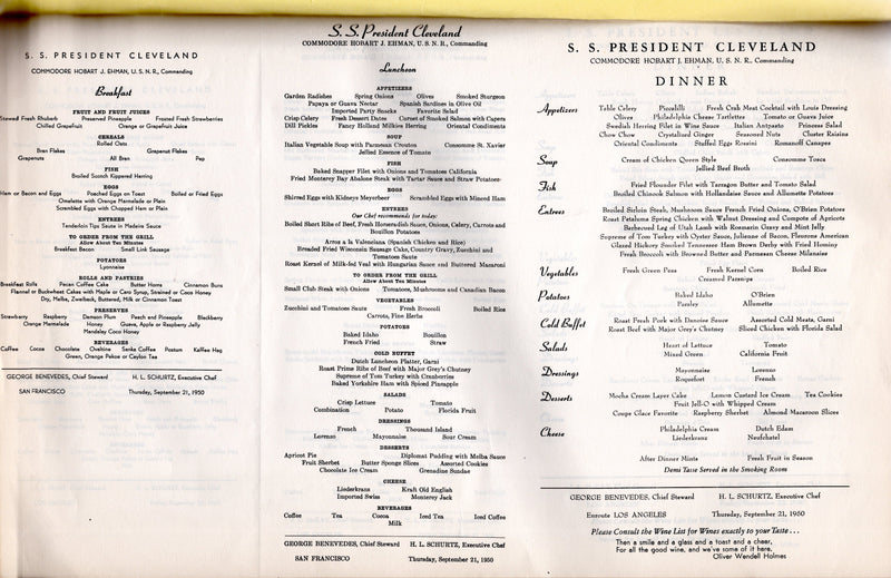PRESIDENT CLEVELAND: 1947 - Voyage 20 bound daily menus for Steward - 43 total