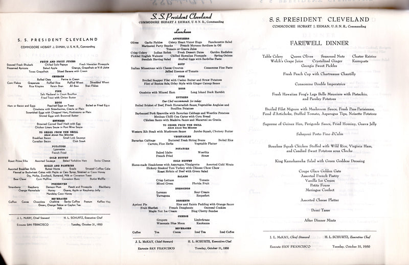 PRESIDENT CLEVELAND: 1947 - Voyage 20 bound daily menus for Steward - 43 total