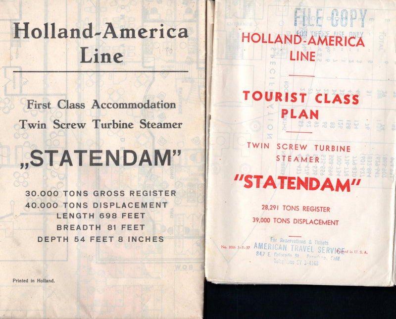 STATENDAM: 1929 - First & Tourist class deck plans showing entire ship