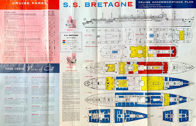 BRETAGNE: 1952 - Big 1961 first season cruise brochure w/ plans & interiors
