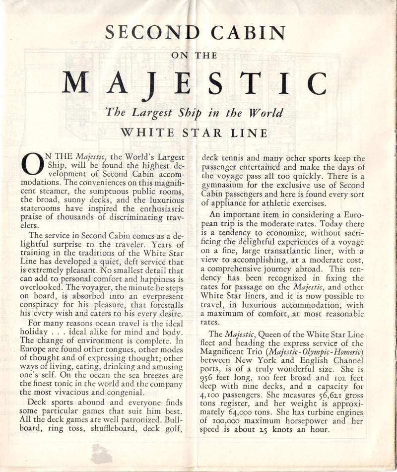 MAJESTIC: 1922 - Second Class deck plan w/ interiors from 1929