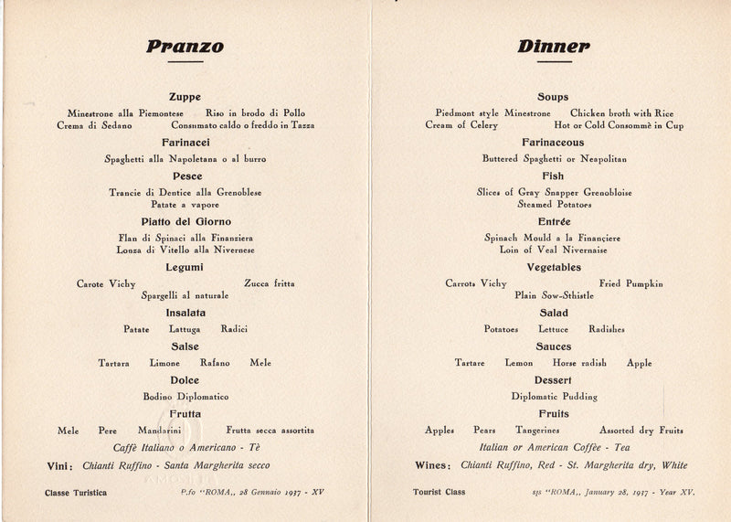 ROMA: 1926 - 3 embossed Tourist Class menus from 1937