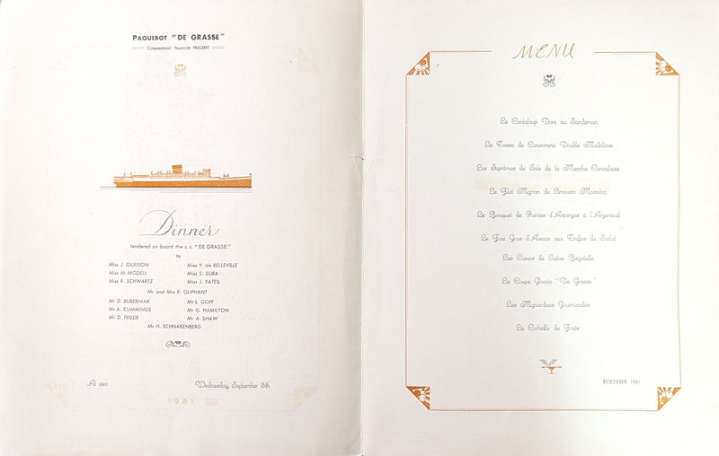 DE GRASSE: 1924 - 3 large captain's table menus from 1951