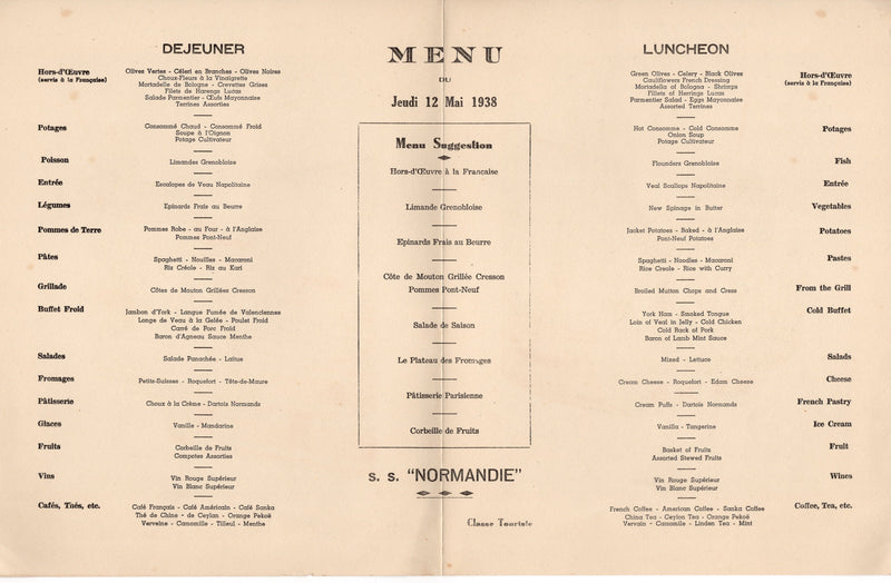NORMANDIE: 1935 - Tourist Class luncheon menu in excellent condition