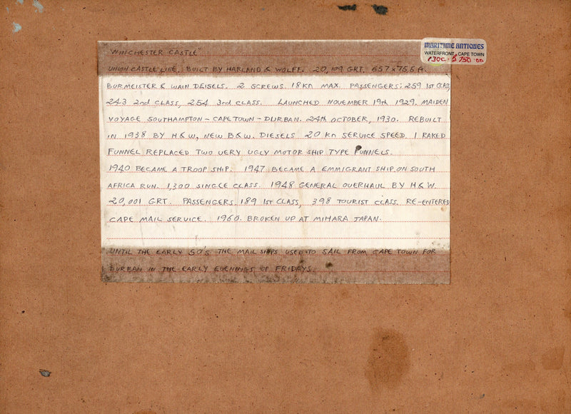 WINCHESTER CASTLE: 1930 - Original oil painting departing Cape Town