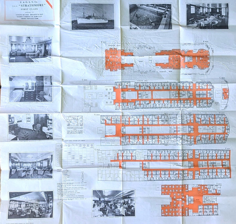 STRATHMORE: 1935 - First & Tourist classes deck plans w/ photos from 1959