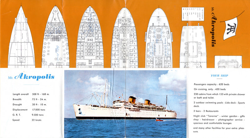 AKROPOLIS: 1933 - Color interiors & deck plan brochure of ex-SANTA PAULA