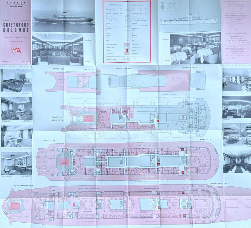 CRISTOFORO COLOMBO: 1954 - Full ship deck plan w/ 19 photos