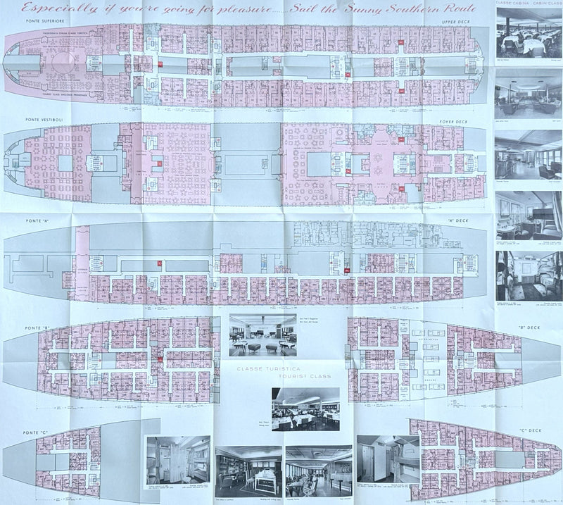 CRISTOFORO COLOMBO: 1954 - Full ship deck plan w/ 19 photos