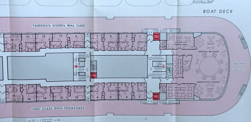 CRISTOFORO COLOMBO: 1954 - Full ship deck plan w/ 19 photos