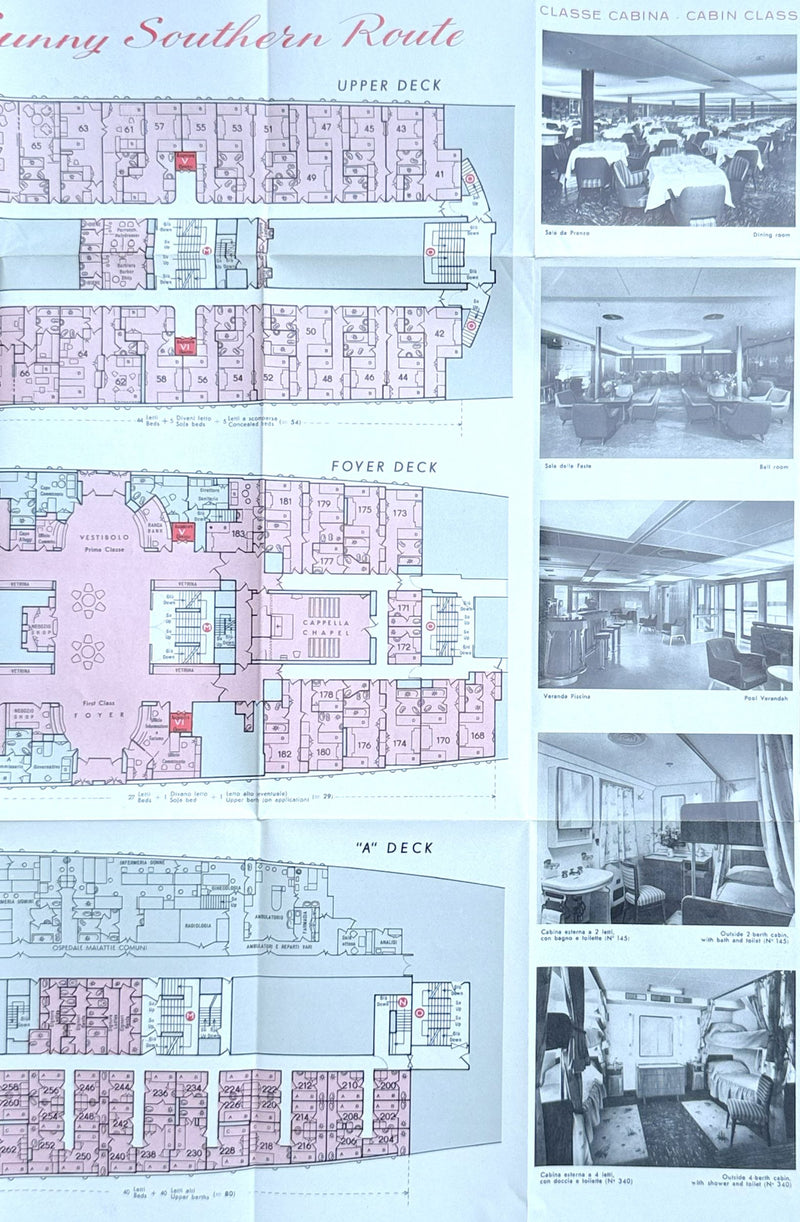 CRISTOFORO COLOMBO: 1954 - Full ship deck plan w/ 19 photos