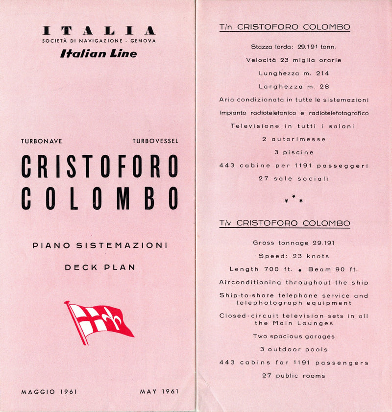 CRISTOFORO COLOMBO: 1954 - Full ship deck plan w/ 19 photos