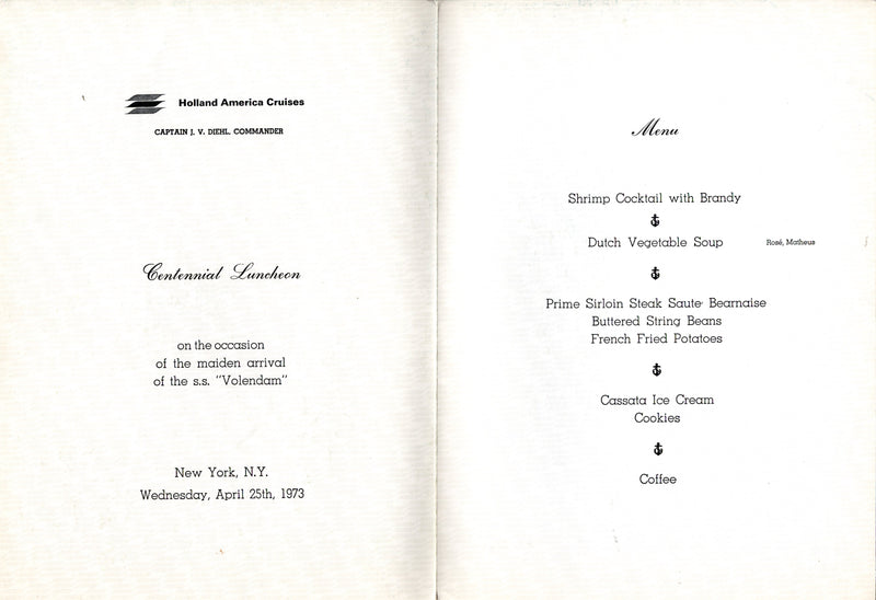 VOLENDAM: 1958 - Special maiden arrival luncheon menu from April 1973