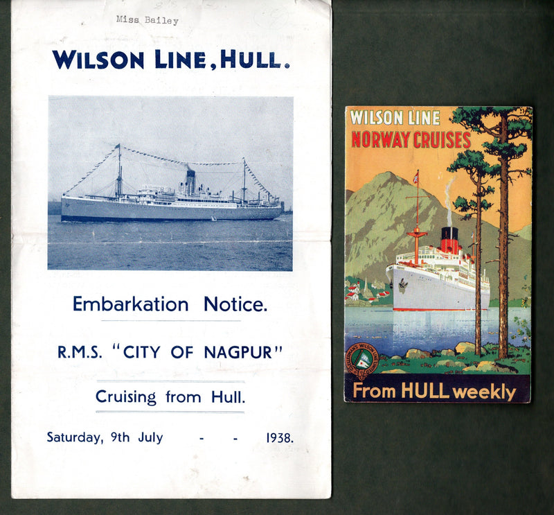 CITY OF NAGPUR: 1922 - Cruise plan from 1938 w/ brochure & embarkation notice