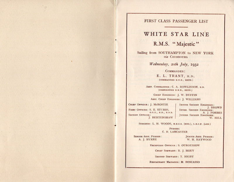 MAJESTIC: 1922 - First Class pax list from July '32