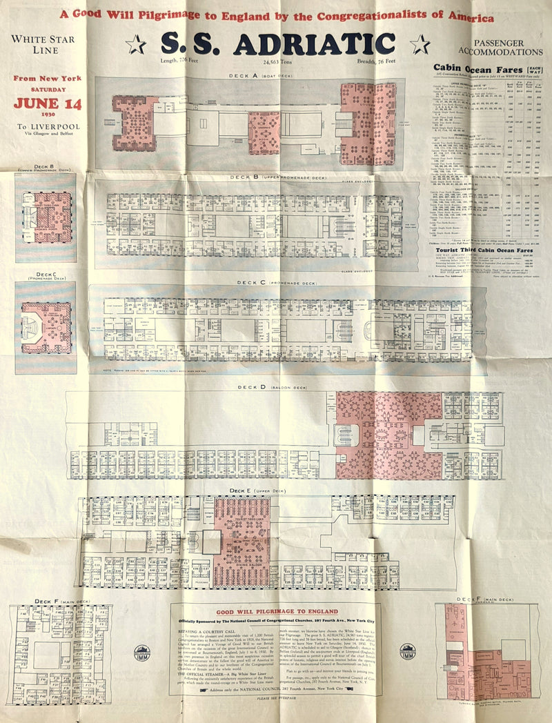 ADRIATIC: 1907 - Big 1930 cruise brochure w/ deck plans & interior photos