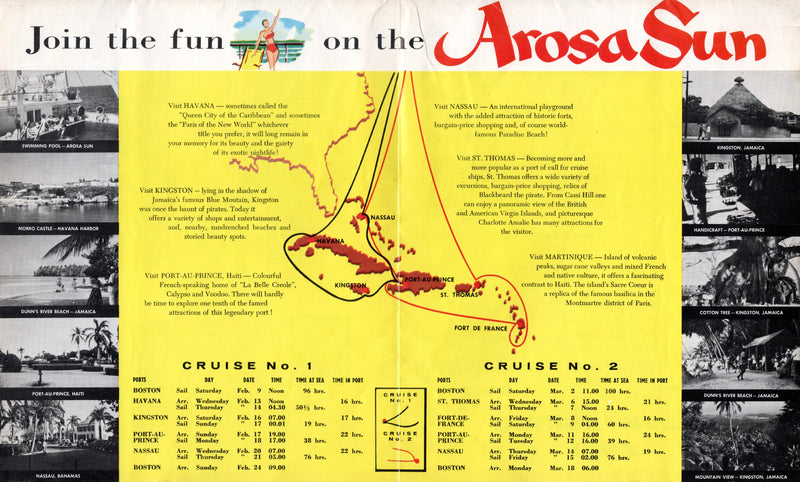 AROSA SUN: 1930 - big 1957 cruise brochure w/ plans & color interiors