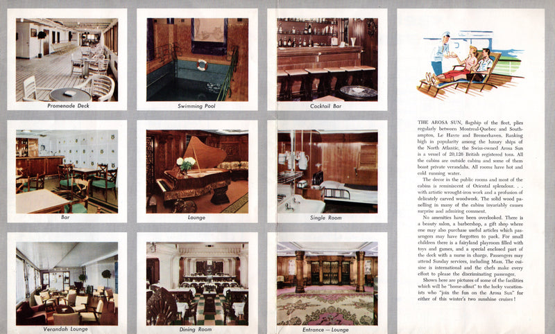 AROSA SUN: 1930 - big 1957 cruise brochure w/ plans & color interiors